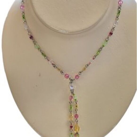 Multicolor Faceted Gem Stone Lariat Style Necklace with Sterling Silver Clasp. - Picture 2 of 4